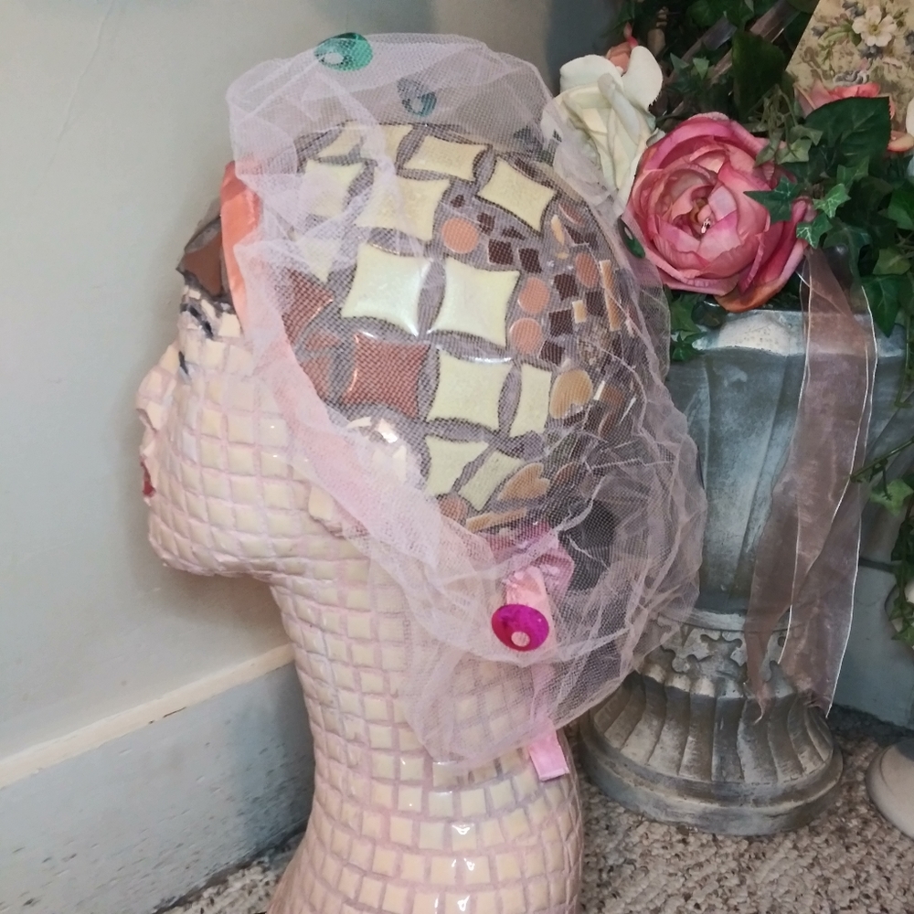 Vintage 1960-70's Multicolored, Sequin Trimmed Pink Net Hair Roller Scarf - Picture 2 of 11